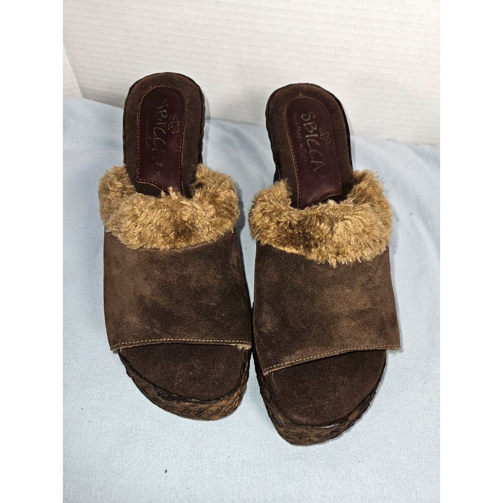 Sbicca Brown Suede Faux Fur Trim Platform Wedge Sandals Mules Open Toe 9M NWOB